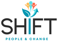 Logo for "SHIFT People & Change" featuring three abstract figures, two green leaves, and a blue arrow above the word "SHIFT" in large, bold letters.